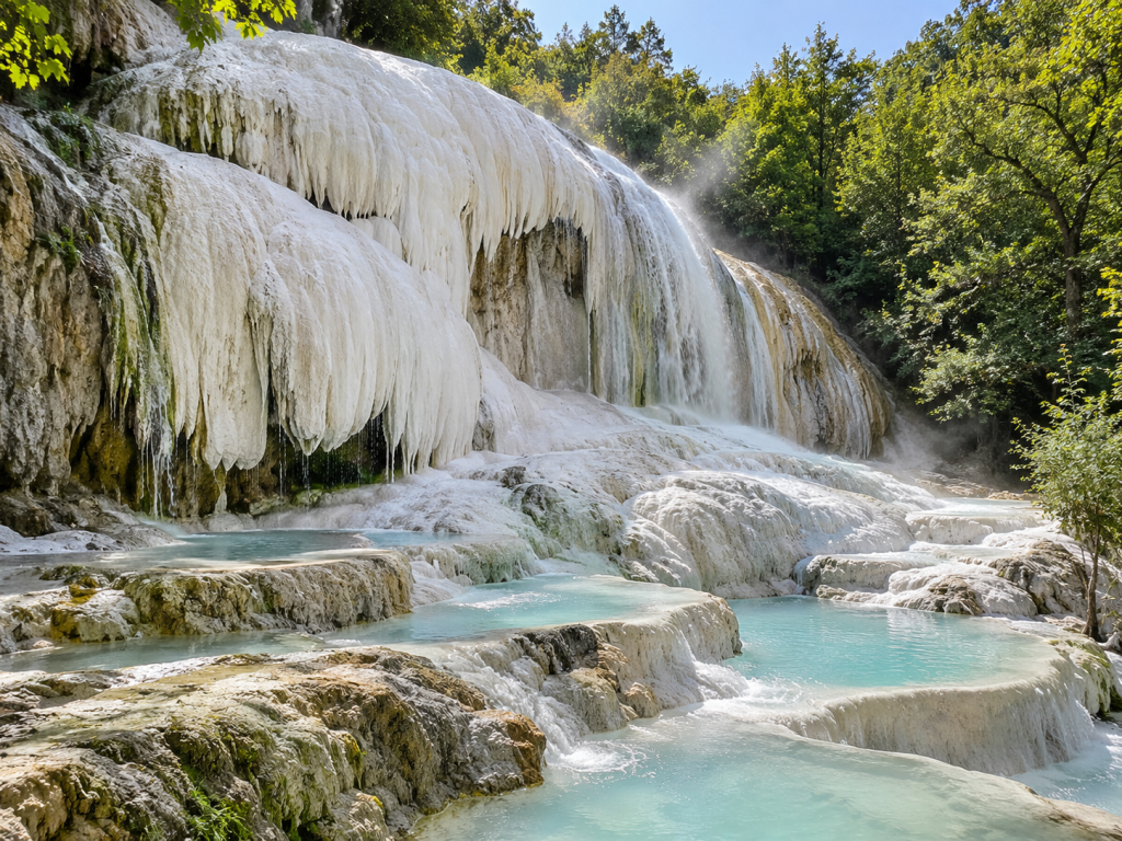 Bagni San Filippo hot springs and White Whale limestone formation in Tuscany